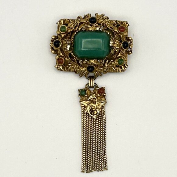 Vintage Kramer of New York Brooch Tassel Faux Jade Cabochon Gold Tone Rare - Picture 1 of 15